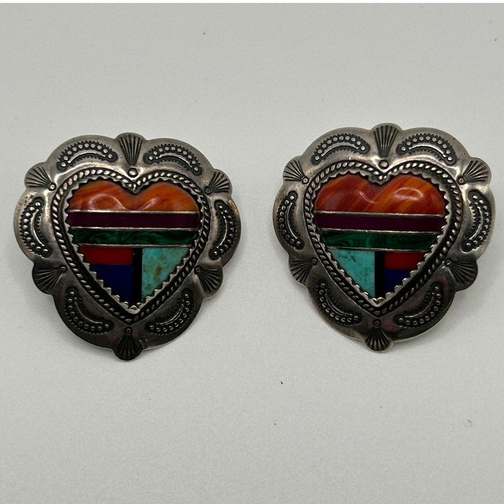 Quoc Turquoise QT Sterling Silver Multi Stone Inlay Heart Stud Earrings
